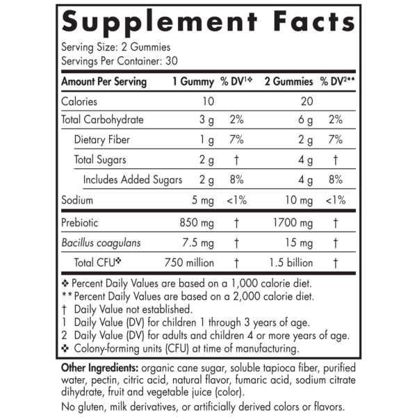 Probiotic Kids 60 gummie Suppliment Fact 03