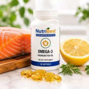 NutriBest Omega-3 fish oil gel capsules supplement bottle