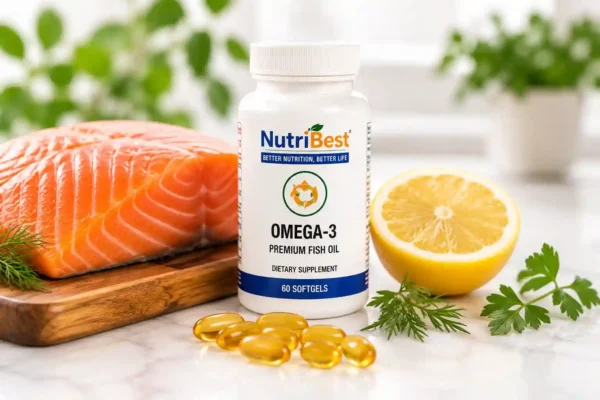 NutriBest Omega-3 fish oil gel capsules supplement bottle
