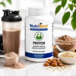 NutriBest protein powder supplement tub with protein scoop