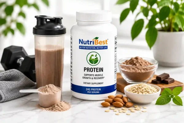 NutriBest protein powder supplement tub with protein scoop