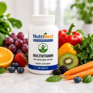 NutriBest Multivitamin supplement bottle with fresh fruits, vegetables, and berries