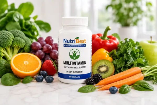 NutriBest Multivitamin supplement bottle with fresh fruits, vegetables, and berries