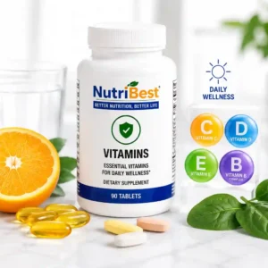 NutriBest daily vitamins supplement bottle with fresh fruits