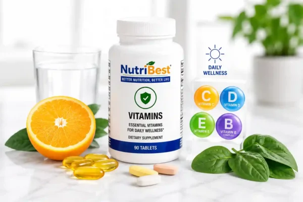 NutriBest daily vitamins supplement bottle with fresh fruits