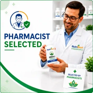 NutriBest pharmacist holding Omega-3 supplement bottle representing pharmacist selected health formulas