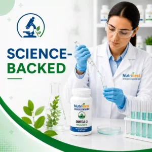 Female researcher using a pipette in a laboratory next to NutriBest supplement bottle with Science-Backed text